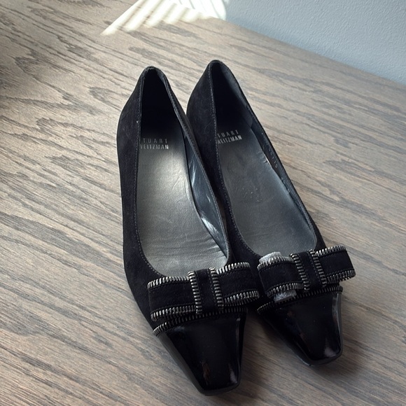 Stuart Weitzman Flats Black Suede Bow Slip On Square Toe size 6.5 - Picture 3 of 12